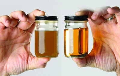 Oil before Filta's micro filtration process (right) and after. (PRNewsfoto/Filta)