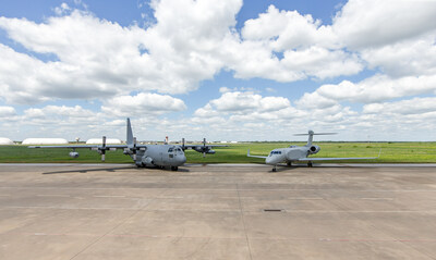 Mission system prime BAE Systems and aircraft integration prime L3Harris worked closely to deliver a new EC-37B electromagnetic attack mission aircraft (right) to the U.S. Air Force. (Credit: BAE Systems)
