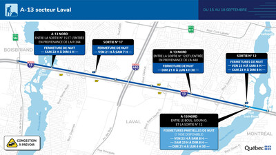 Autoroute 13 (Chomedey), à Laval - Travaux intensifs du 15 au 18 septembre 2023, secteur à éviter (Groupe CNW/Ministère des Transports et de la Mobilité durable)