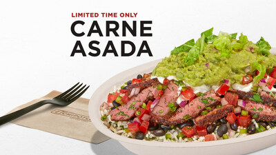 Chipotle's Carne Asada is marinated, then seasoned on the grill with a blend of signature spices like cumin, coriander, and oregano, and finished with fresh squeezed lime, hand-chopped cilantro, for a deeply rich, satisfying flavor. Available now for a limited time.