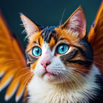 AI-generated image of a cat-bird hybrid animal. Orange and white cat body and head with blue eyes and wings.