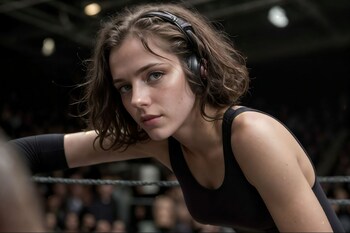 AI-generated image of a woman in a boxing ring wearing over the ear headphones, looking confidently at the camera, as if it's a commercial.