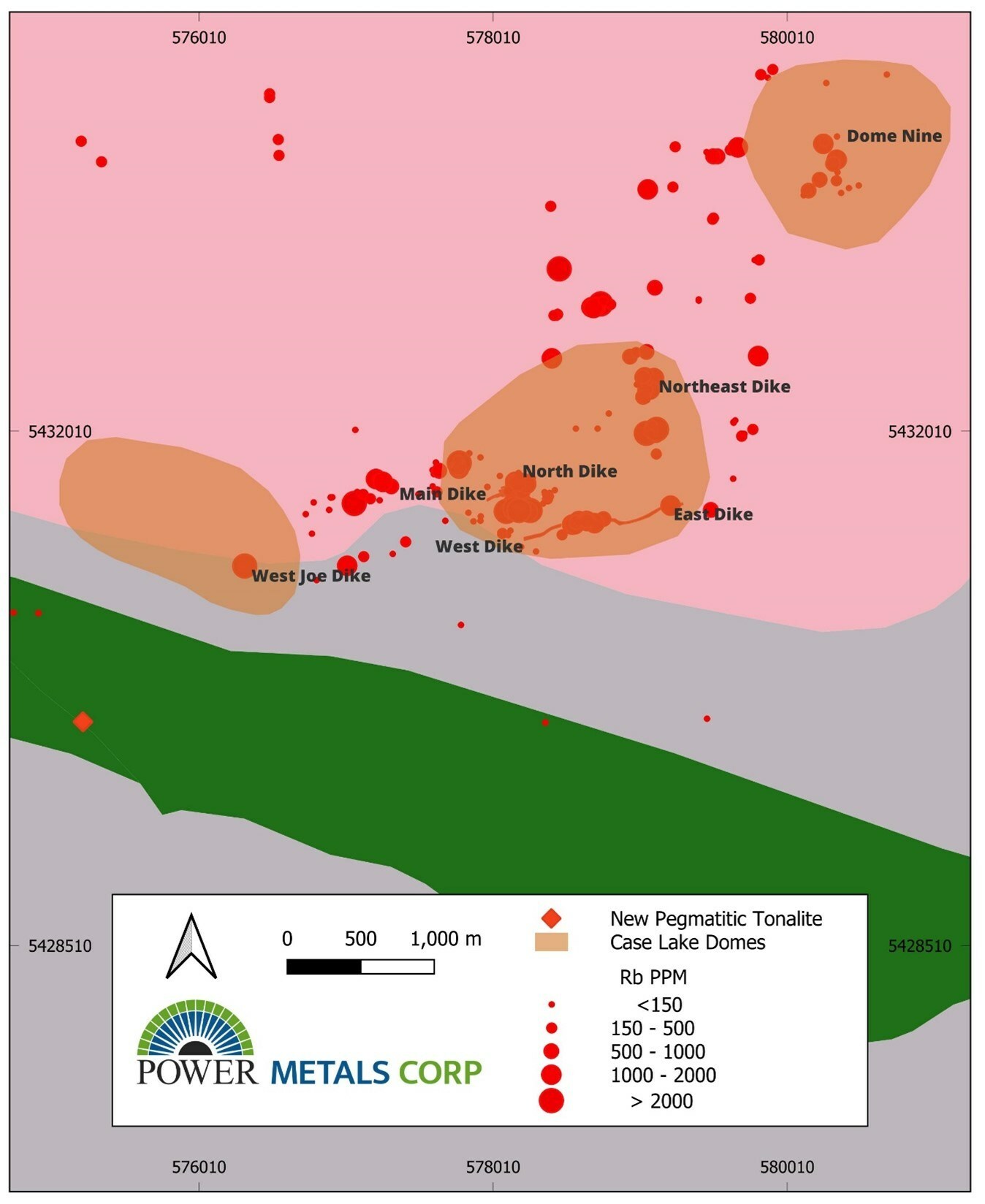 Figure 3 - Case Lake property map showing Rb (ppm) in samples collected between 2017-2022 and 2023. (CNW Group/POWER METALS CORP)