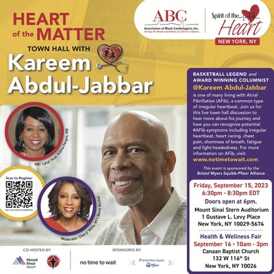 Basketball legend Kareem Abdul-Jabbar is one of many who is living with Atrial Fibrillation (Afib), a common type of irregular heartbeat, Join us for this live town hall discussion to hear more about his journey and how you can recognize potential #Afib symptoms including irregular heartbeat, heart racing, chest pain, shortness of breath, fatigue, and light-headedness. Friday, September 15, 2023, 6:30 pm - 8:30 pm EDT, Doors open at 6 pm. Mount Sinai Stern Auditorium 1 Gustave L. Levy Place, NYC