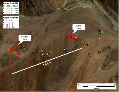 Figure 2. Distribution of samples at the Zonda target.  Squares show Cu values and circles on top represent Au values.  Currently, two main zones have been identified - a central high-grade Au zone and a Cu-rich zone located 1km WSW. (CNW Group/Sable Resources Ltd.)