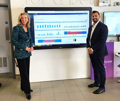 Sarwar Khan (global head of digital sustainability, Business, BT) and Katie McGinty (vice president and chief sustainability and external relations offer, Johnson Controls) review energy usage data of the digital twin at Adastral Park that incorporates OpenBlue technology.