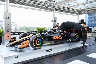 Haider Rafique and Lando Norris unveiling the MCL60 F1 car in a limited edition Stealth Mode livery - switching McLaren’s livery colorway by adding black to the team’s classic papaya trim (PRNewsfoto/OKX)