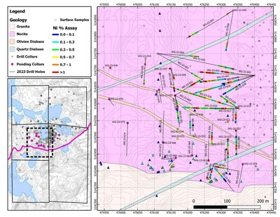 Figure 1: Plan map of the current area of drilling on the West Graham Project showing the collar locations and drill traces of the completed holes as well as all pending holes. Location of Figure 2 is also displayed on the map. See Tables 1 and 2 for assay results. (CNW Group/SPC Nickel Corp.)