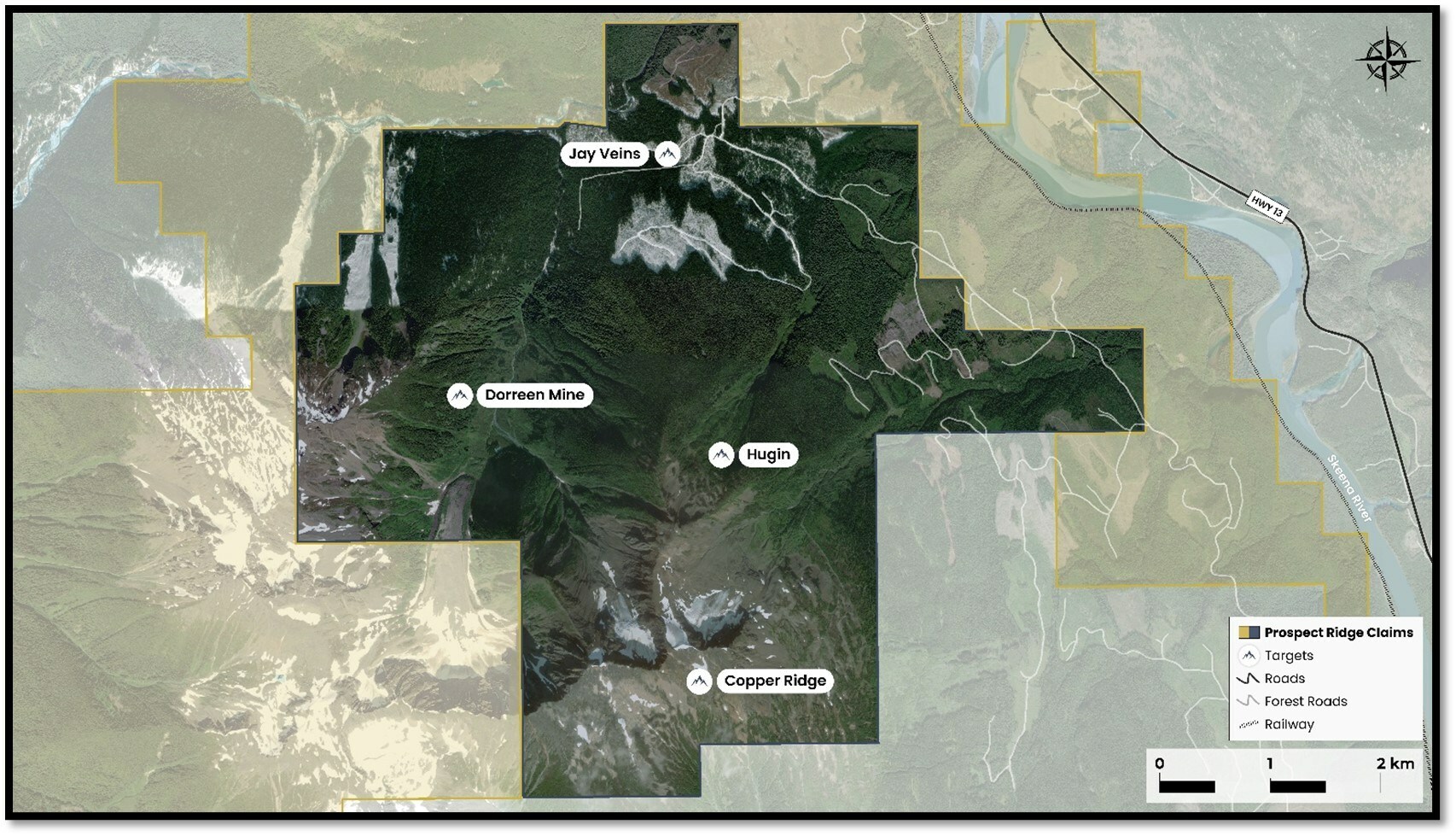 Figure 1: Dorreen mine in relation to other important targets within the Knauss Creek Property. (CNW Group/Prospect Ridge Resources Corp.) Figure 1: Dorreen mine in relation to other important targets within the Knauss Creek Property. (CNW Group/Prospect Ridge Resources Corp.)