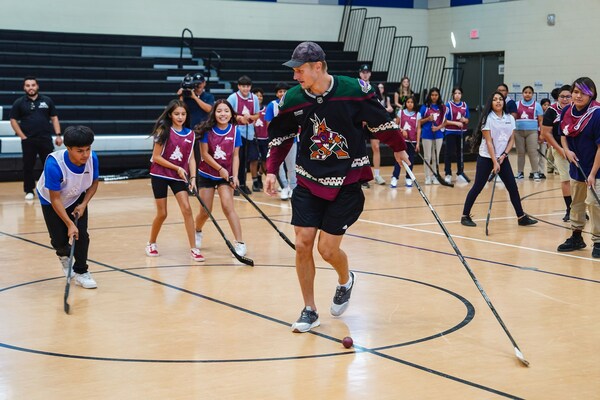 Nick Bjugstad of the Arizona Coyotes plays street hockey with Phoenix youth at the Irene Lopez Academy of the Arts as part of an innovative partnership between the Coyotes and value-based care leader Equality Health to bring access and inclusivity to the sport of hockey and improve health and well-being, especially among Hispanic youth and underserved communities in Phoenix. Equality Health is now the “Official Partner of the Arizona Coyotes and the Arizona Coyotes Street Hockey League.”