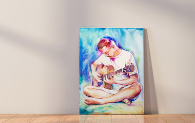 Colorful painting of a guitar player
