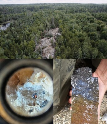 Figure 2 - Top, aerial view of the Bingo Dyke where a potentially single large dyke over ~1.2 km in length is present if connected under cover. Bottom left, tantalite crystal with a spessartine garnet inclusion. Bottom right, holmquistite alteration within the country rock. The tantalite, spessartine garnet, and holmquistite indicate that the system is highly evolved and potentially spodumene-bearing. (PRNewsfoto/Usha Resources Ltd.)