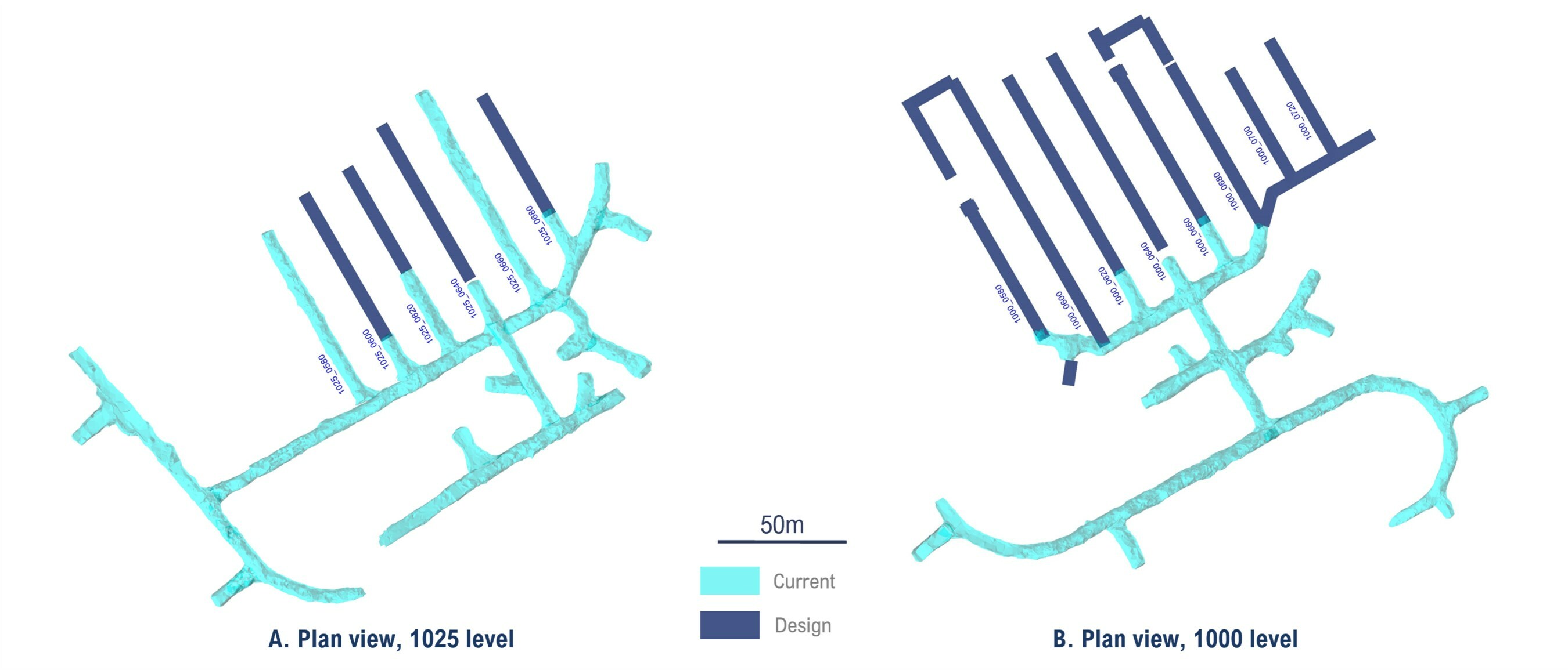 Figure 1: Plan view of 1025 level (A) and 1000 level (B) showing actual development (light blue) and planned development (dark blue) as at September 11, 2023. (CNW Group/OceanaGold Corporation) Figure 1: Plan view of 1025 level (A) and 1000 level (B) showing actual development (light blue) and planned development (dark blue) as at September 11, 2023. (CNW Group/OceanaGold Corporation)