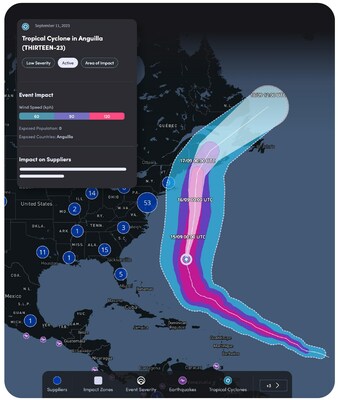 Interos' Catastrophic Risk visualization shows impact on suppliers from hurricanes, cyclones, earthquakes, and more