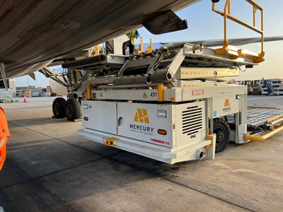 A Mercury Ground Support Equipment JBT Commander 15 Cargo Loader at IAH Airport in Houston, TX.