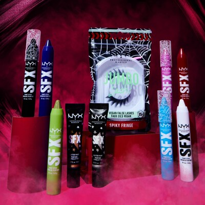 The new NYX Professional Makeup “Mon-Star Bash” Halloween product collection includes select, limited-edition color offerings. Pictured left to right:  SFX Face and Body Paint Sticks in seven new shades, SFX Glitter Face and Eye Paint in two new metallic hues, and Spiky Fringe Jumbo Lashes.