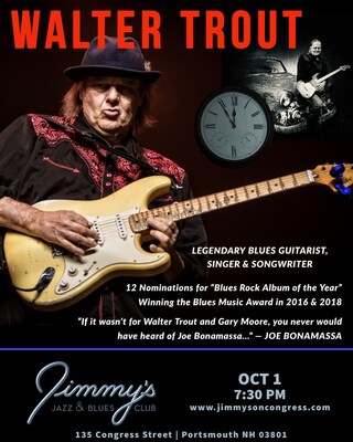 Legendary Blues Rock Guitarist, Singer and Songwriter WALTER TROUT performs at Jimmy's Jazz & Blues Club on Sunday October 1 at 7:30 P.M. Tickets at Ticketmaster.com and www.jimmysoncongress.com.