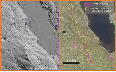 Inferred extent of the SD2 Pegmatite based on Lidar image, LDG Project, NWT (CNW Group/North Arrow Minerals Inc.)