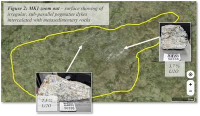 MK1 area zoom out – surface showing of irregular, sub-parallel pegmatite dykes intercalated with metasedimentary rocks (CNW Group/North Arrow Minerals Inc.)
