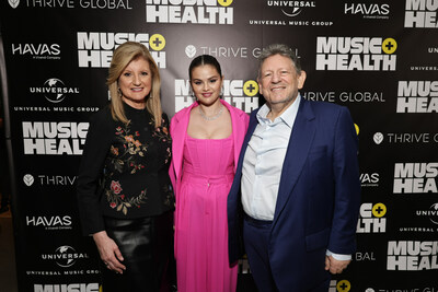 CEO of Thrive Global Arianna Huffington, Selena Gomez and Chairman & CEO of Universal Music Group Sir Lucian Grainge pose for a photo during Universal Music Group and Thrive Global's first Music + Health conference in Los Angeles