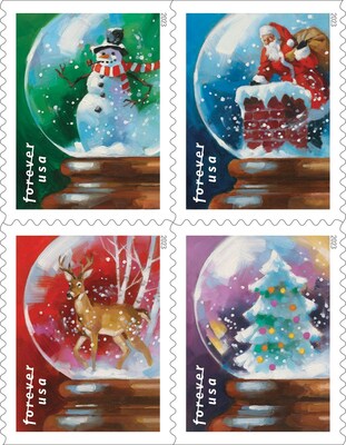 Snow Globes Swirling on New Postal Stamps 