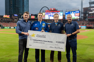 Medal of Honor recipient Britt Slabinski, Retired Master Chief Special Warfare Operator (SEAL), and NMOHMF President and CEO Chris Cassidy accepted the gift from Anheuser-Busch CEO Brendan Whitworth last night during an on-field ceremony at Busch Stadium.