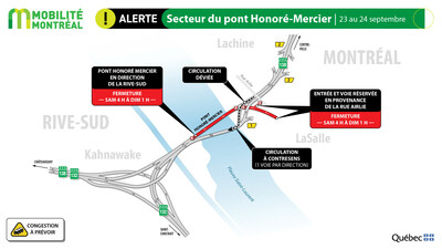 Secteur du pont Honoré-Mercier , 23 au 24 septembre (Groupe CNW/Ministère des Transports et de la Mobilité durable)