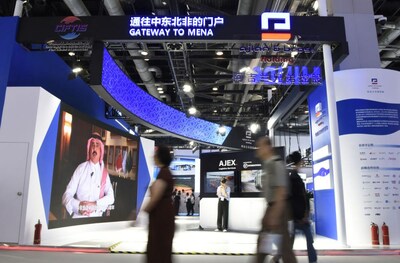 Visitors walk past the booth of Ajlan & Bros. Holding during the 2023 China International Fair for Trade in Services (CIFTIS) at China National Convention Center in Beijing, capital of China, Sept. 4, 2023.