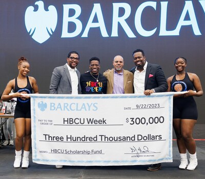 Barclays contributes $300,000 to the HBCU Week Scholarship Fund. Kevin Williams, Barclays; Blake Saunders, HBCU Week; Omar McNeill, Barclays; Adam Ahmad, Barclays; along with students from Lincoln University. Photo credit: Fifth Media