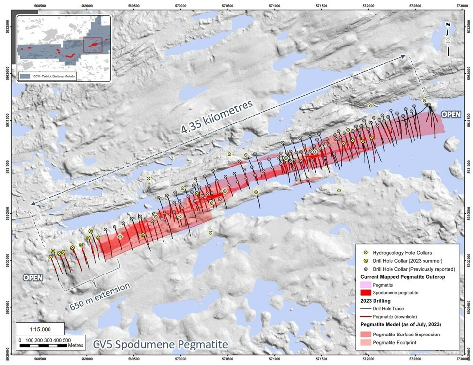 Figure 1: Drill holes completed at the CV5 Spodumene Pegmatite through September 18, 2023. (CNW Group/Patriot Battery Metals Inc)