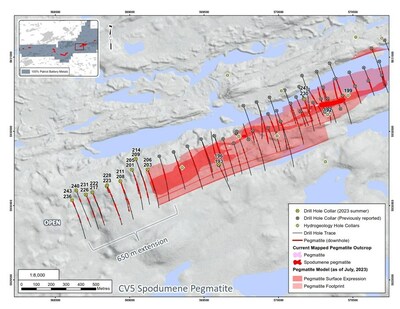 Figure 2: Drill holes completed at the CV5 Spodumene Pegmatite through September 18, 2023 – western area. (CNW Group/Patriot Battery Metals Inc)