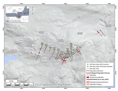 Figure 5: Drill holes completed at the CV13 Spodumene Pegmatite through September 18, 2023 – east-central, and eastern areas. (CNW Group/Patriot Battery Metals Inc)