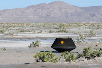 The sample return capsule from NASA’s OSIRIS-REx mission is seen shortly after touching down in the desert, Sunday, Sept. 24, 2023, at the Department of Defense's Utah Test and Training Range. Photo Credit: (NASA/Keegan Barber)