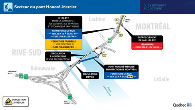 Secteur du pont Honor-Mercier - Entraves majeures du 29 septembre au 2 octobre 2023 (Groupe CNW/Ministre des Transports et de la Mobilit durable)