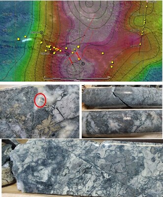Figure 1. Location map of current and complete drill-holes draped over IP chargeability from 80 meters depth.
Figure 2a. Visible gold hosted in quartz blebs and associated with bladed marcasite. 2b. Quartz vein breccia and silica breccia both hosting disseminated pyrite and aggregated pyrite from drill-hole 23RC-17. 2c Crackle breccia from drill-hole 23RC-16 containing large patches of aggregated very fine-grained pyrite. (CNW Group/Northern Shield Resources Inc.)