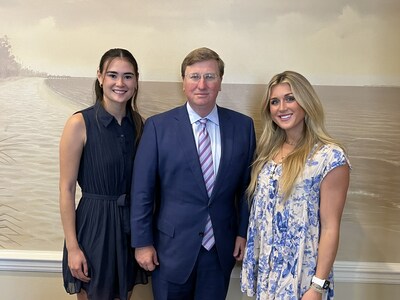 Governor Tate Reeves meets with Independent Women's Voice (IWV) spokeswomen Paula Scanlan (left) and Riley Gaines (right) to discuss model legislation developed by IWV to reinforce the definition of sex-based words used in Mississippi law and to help protect women-only spaces from legal attack.