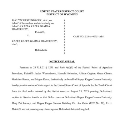 Appeal from Wyoming District Court Decision Moves Kappa Kappa Gamma Sorority Case to the U.S. Court of Appeals for the Tenth Circuit