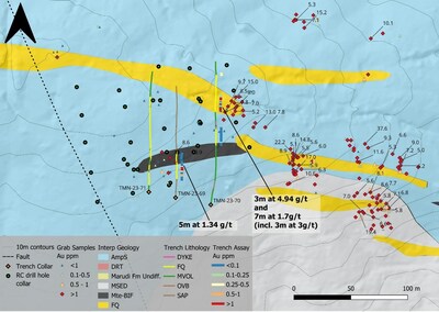 Figure 2. Marudi North Geology and Surface Results Summary Map (CNW Group/Golden Shield Resources)