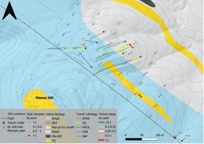 Figure 5. IP6, Planned RC Grid, Geology and Surface Results Summary Map (CNW Group/Golden Shield Resources)