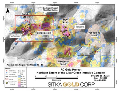 Figure 1: Plan map of the Northern Extent of the Clear Creek Intrusive Complex. Yellow stars indicate where outcrop rock samples or drill hole intervals have returned >10 g/t gold. (CNW Group/[nxtlink id=