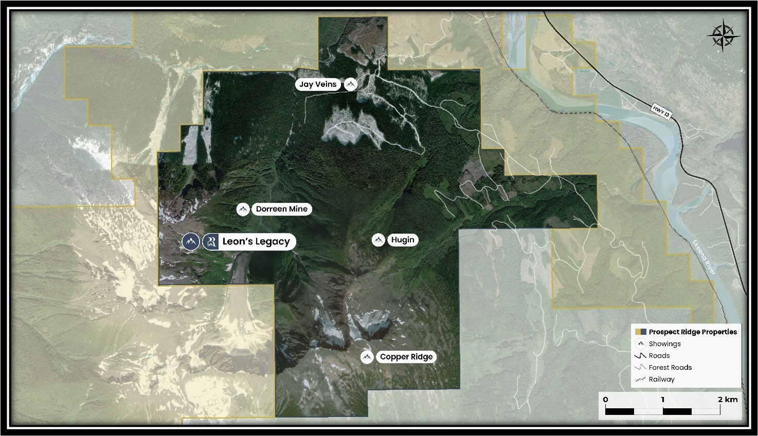 Figure 1: Newly discovered Leon’s Legacy mineralized zone in relation to other important targets within the Knauss Creek Property. (CNW Group/Prospect Ridge Resources Corp.) Figure 1: Newly discovered Leon’s Legacy mineralized zone in relation to other important targets within the Knauss Creek Property. (CNW Group/Prospect Ridge Resources Corp.)