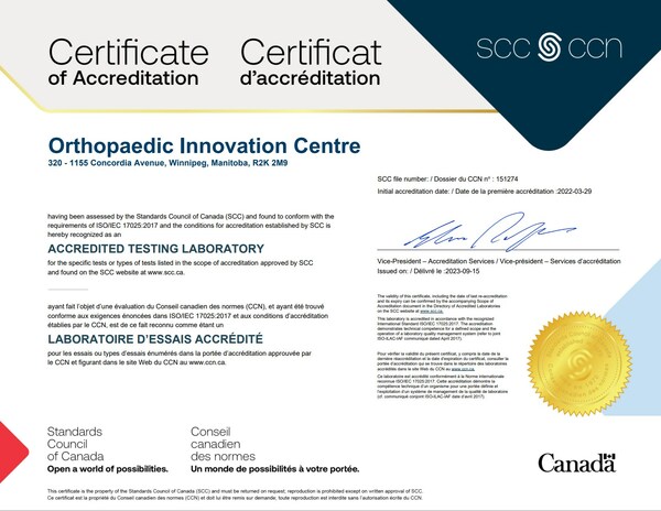 Orthopaedic Innovation Centre Attains Accreditation for 10 New Standards, Revolutionizing Orthopaedic Device Testing