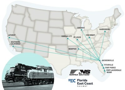 Map of the comprehensive service offerings, including the newly announced lanes, between Norfolk Southern and FEC.