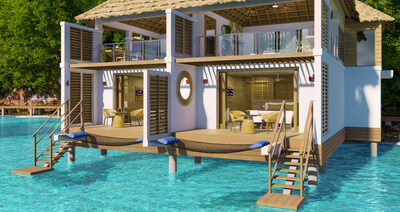 Pictured here, Vincy Overwater Two-Story Villas reimagine Sandals' iconic overwater villas with a bi-level design that includes an expansive, open-air rooftop area for lounging, day and night.