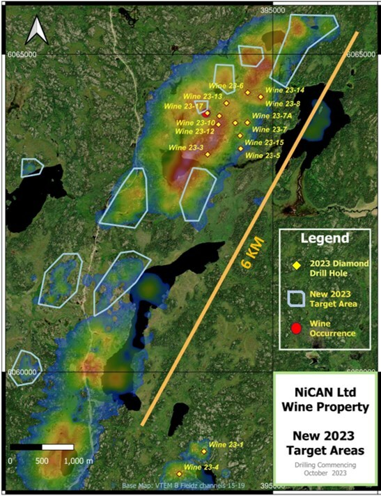 Figure 1: New 2023 Target Areas (base map - VTEM B Fieldz Channels 15-19) (CNW Group/Nican Ltd.) Figure 1: New 2023 Target Areas (base map - VTEM B Fieldz Channels 15-19) (CNW Group/Nican Ltd.)