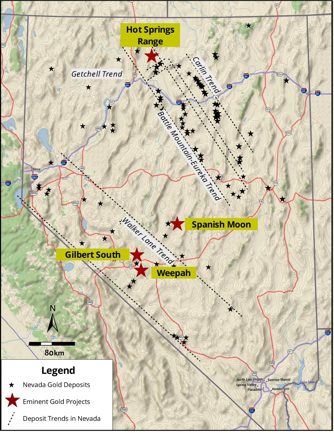 Figure 1. Location map showing the Gilbert South project in Walker Lane Trend, Nevada. (CNW Group/Eminent Gold Corp.) Figure 1. Location map showing the Gilbert South project in Walker Lane Trend, Nevada. (CNW Group/Eminent Gold Corp.)