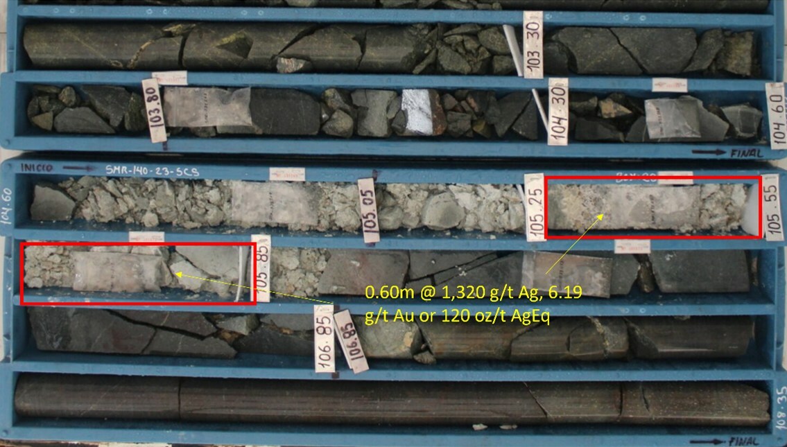 Figure 3: High grade Ag-Au intercept in drill hole SMR140-23-SCS (CNW Group/Silver Mountain Resources Inc.)