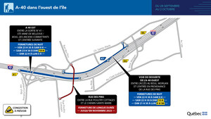 Fermetures de nuit de l'autoroute 40 en direction est, à Sainte-Anne-de-Bellevue, du 29 septembre au 2 octobre 2023