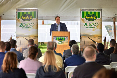 Hormel Foods director of sustainability Tom Raymond addresses guests during Tuesday's ribbon-cutting event in Montevideo.