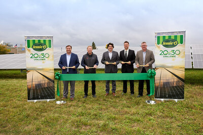 From left to right: Tom Raymond, Hormel Foods director of sustainability; Steve Lykken, Jennie-O Turkey Store president; Ryan Coakley, senior director of origination at Next Era Energy; Doug Muzik, Jennie-O plant manager in Montevideo, Minn.; and Matthew Schrupp, assistant vice president of operations at Jennie-O Turkey Store. All five leaders helped cut the ribbon to unveil the new 8-acre solar field located at the Jennie-O plant in Montevideo.